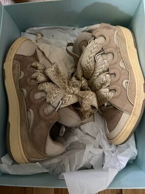 Lanvin Women Beige High-Top Curb Sneakers with Wide Zigzag Laces